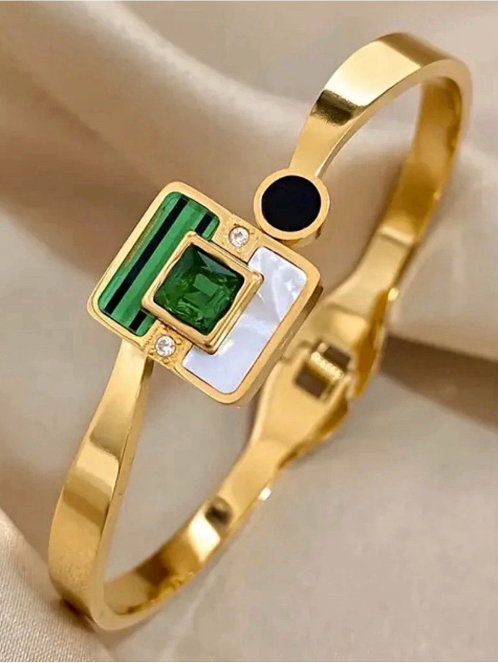 Gold Bangle Bracelet with Green Gemstone Accent